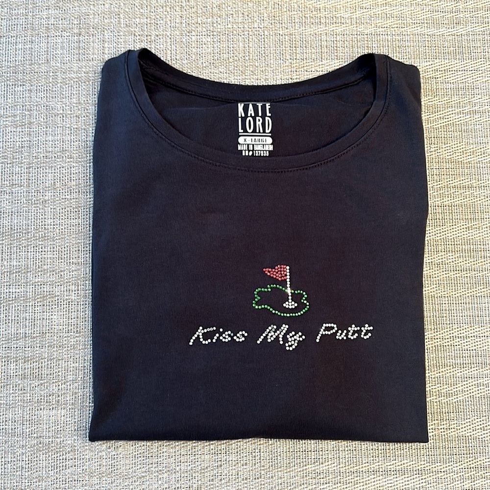 KATE LORD “KISS My Putt!” In Crystals Golf Humor Crewneck T-Shirt XL Black VGC!